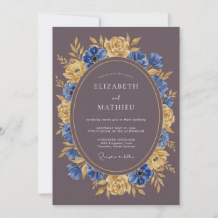 Blauw Gouden Bloemige Bruiloft Kaart