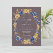 Blauw Gouden Bloemige Bruiloft Kaart (Staand voorkant)