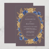 Blauw Gouden Bloemige Bruiloft Kaart (Voorkant / Achterkant)