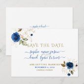 Blauw Gouden Bloemige Calligrafie Huwelijk Bewaar Save The Date (Voorkant / Achterkant)