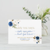 Blauw Gouden Bloemige Calligrafie Huwelijk Bewaar Save The Date (Staand voorkant)