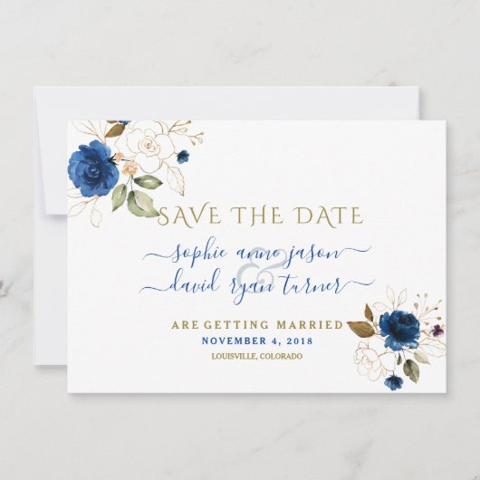 Blauw Gouden Bloemige Calligraphy Trouw Save The D Save The Date (Voorkant)