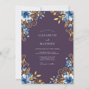 Blauw Gouden Bloemrijke Bruiloft Kaart