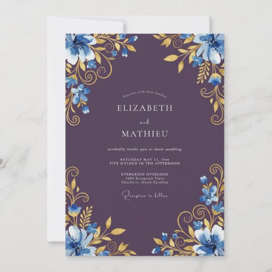 Blauw Gouden Bloemrijke Bruiloft Kaart (Voorkant)