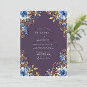 Blauw Gouden Bloemrijke Bruiloft Kaart (Staand voorkant)