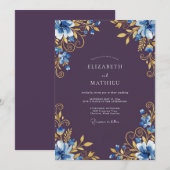 Blauw Gouden Bloemrijke Bruiloft Kaart (Voorkant / Achterkant)