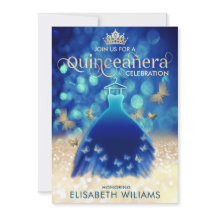 Blauw gouden bokeh vlinder jurk Quinceañera