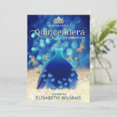 Blauw gouden bokeh vlinder jurk Quinceañera Kaart (Staand voorkant)