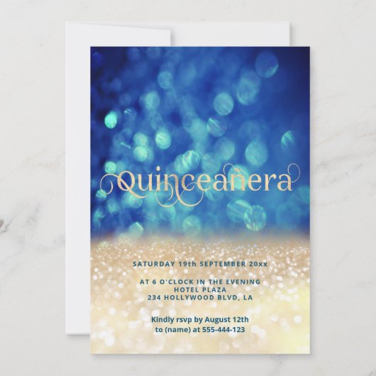 Blauw gouden bokeh vlinder jurk Quinceañera Kaart (Achterkant)