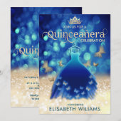 Blauw gouden bokeh vlinder jurk Quinceañera Kaart (Voorkant / Achterkant)