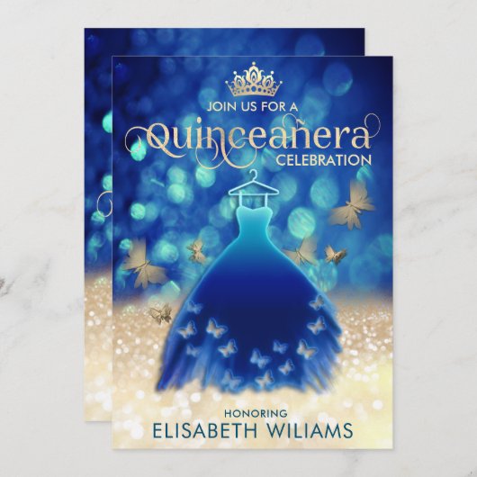 Blauw gouden bokeh vlinder jurk Quinceañera Kaart (Voorkant / Achterkant)