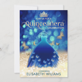 Blauw gouden bokeh vlinder jurk Quinceañera Kaart