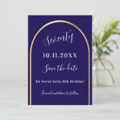 Blauw gouden boog verjaardag save the date (Staand voorkant)