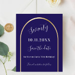 Blauw gouden boog verjaardag Save the Date<br><div class="desc">Een Save the Date-kaart voor een 70e (of elke leeftijd) verjaardagsfeestje. Een donkerblauwe achtergrond, versierd met een faux gouden boog. Personaliseer en voeg een datum en jouw naam toe. De tekst: Seventy en Save the Date is geschreven met een groot trendy handgeschreven stijlscript. 1 vel = 1 Sla de datum...</div>