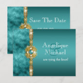 Blauw gouden bruiloft verloving aankondigingskaart (Voorkant / Achterkant)