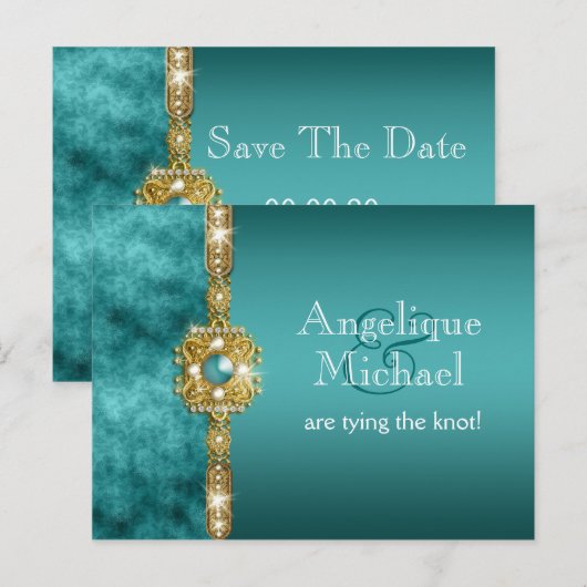 Blauw gouden bruiloft verloving aankondigingskaart (Voorkant / Achterkant)