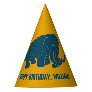 Blauw & Gouden Cartoon Wolly Mammoth gepersonalise Feesthoedjes
