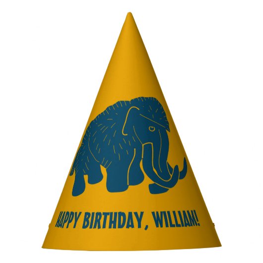 Blauw & Gouden Cartoon Wolly Mammoth gepersonalise Feesthoedjes (Voorkant)