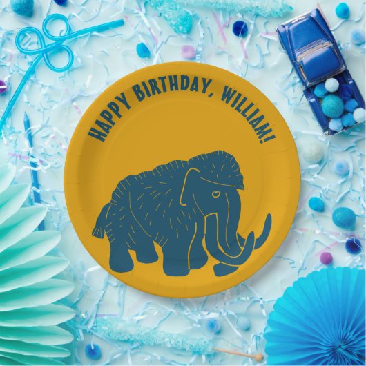 Blauw & Gouden Cartoon Wolly Mammoth gepersonalise Papieren Bordje (Feest)