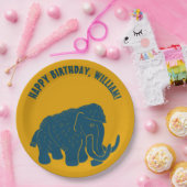 Blauw & Gouden Cartoon Wolly Mammoth gepersonalise Papieren Bordje (Feest)