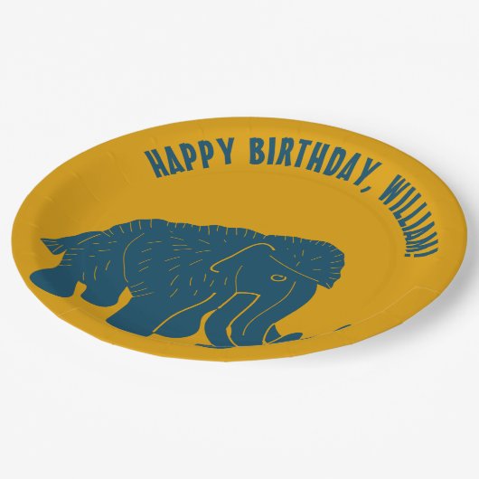 Blauw & Gouden Cartoon Wolly Mammoth gepersonalise Papieren Bordje (Gekanteld)