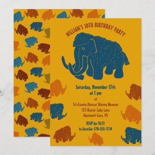 Blauw & Gouden Cartoon Wolly Mammoth Verjaardagsfe Kaart