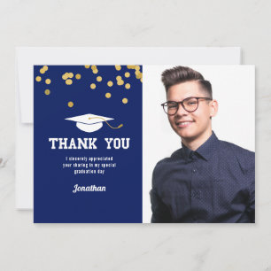 Blauw Gouden Confetti Foto Afstudeer Dankkaart Bedankkaart