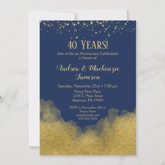 Blauw Gouden Confetti Jubileum Uitnodiging (Voorkant)