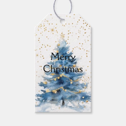 Blauw Gouden Confetti Kerstboom Cadeaulabel (Voorkant)