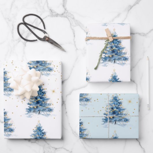 Blauw Gouden Confetti Kerstboom Inpakpapier Vel (Voorkant)