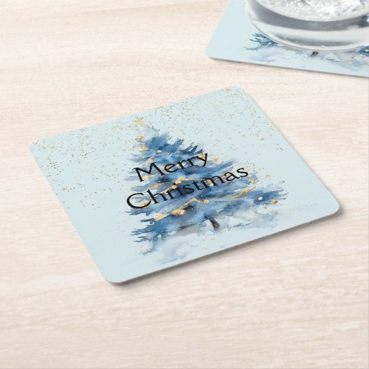 Blauw Gouden Confetti Kerstboom Kartonnen Onderzetters (Schuin)
