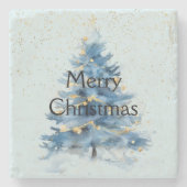 Blauw Gouden Confetti Kerstboom Stenen Onderzetter (Voorkant)