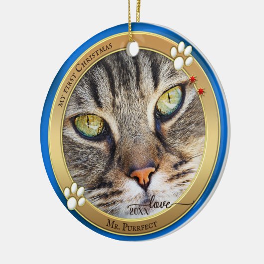 Blauw Gouden Cute Kat Foto Ornament (Links)