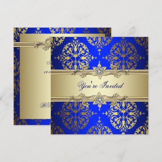 Blauw Gouden Damast Feest Kaart (Voorkant / Achterkant)