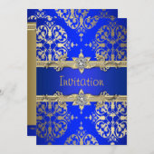 Blauw Gouden Damast Koninklijk Blauw Uitnodiging F (Voorkant / Achterkant)