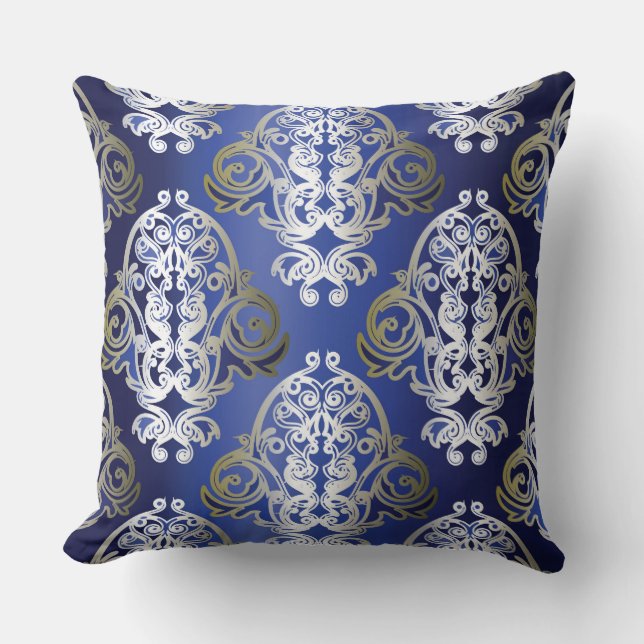 Blauw Gouden Damast Sierkussen (Voorkant)
