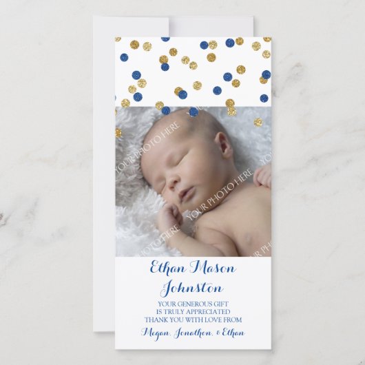 Blauw Gouden Dankjewel Baby Shower Fotokaarten Bedankkaart (Voorkant)