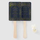 Blauw Gouden Deco Chic Glam Bruiloftsprogramma Han Handwaaier (Voorkant en achterkant)