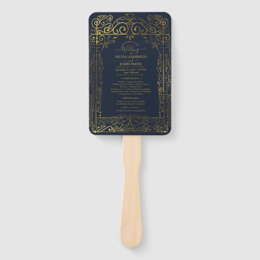 Blauw Gouden Deco Chic Glam Bruiloftsprogramma Han Handwaaier (Voorkant)