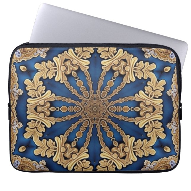 Blauw gouden decoratieve laptophoes laptop sleeve (Voorkant)