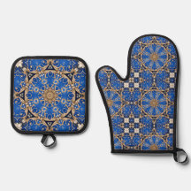Blauw Gouden Decoratieve Ovenwant & Pannenlap Set