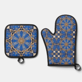 Blauw Gouden Decoratieve Ovenwant & Pannenlap Set