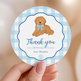 Blauw Gouden Doodle Puppy Pawty Verjaardagsfavorie Ronde Sticker
