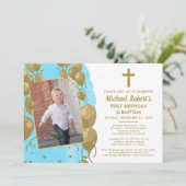 Blauw Gouden Doop 1e Verjaardag Tekst Foto Kaart (Staand voorkant)