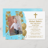 Blauw Gouden Doop 1e Verjaardag Tekst Foto Kaart (Voorkant / Achterkant)