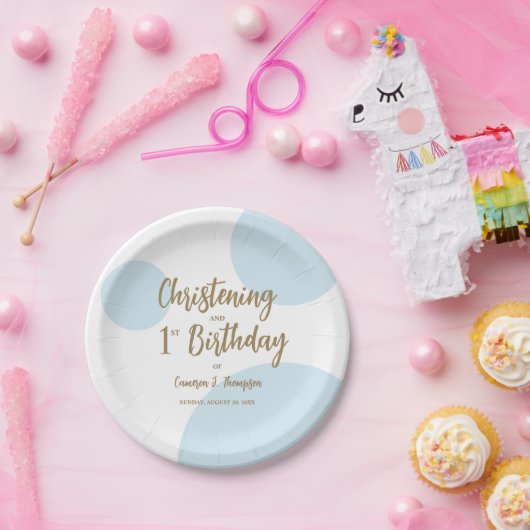 Blauw Gouden doopsel en 1e verjaardagsdouane Papieren Bordje (Feest)