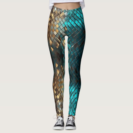 Blauw Gouden Draak Schubben Leggings (Voorkant)