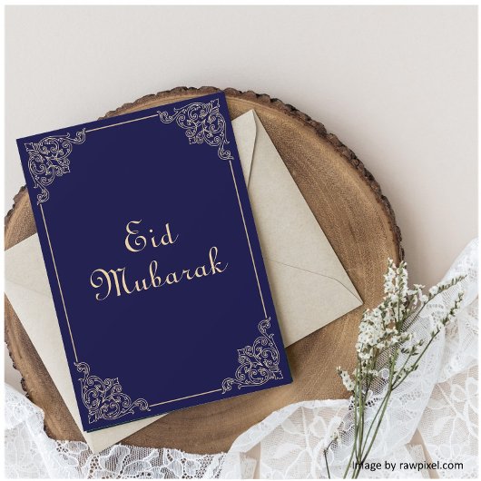 Blauw Gouden Eid Mubarak Plat Kerstkaart