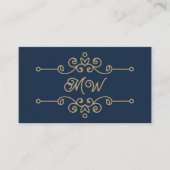 Blauw gouden elegante bloemrijke monogram vintage visitekaartje (Voorkant)