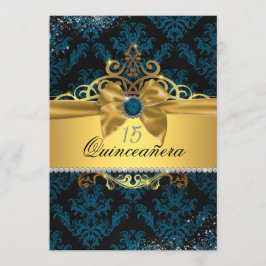 Blauw Gouden Elegante Damast Quinceanera Uitnodigi Kaart